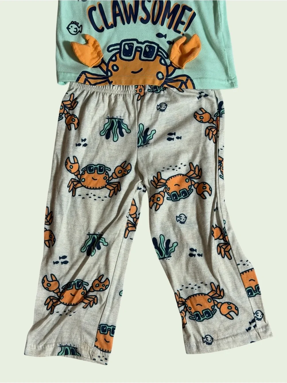Kids' 3T Mint Green Crab Pajama Set - Sleep Is Clawsome!